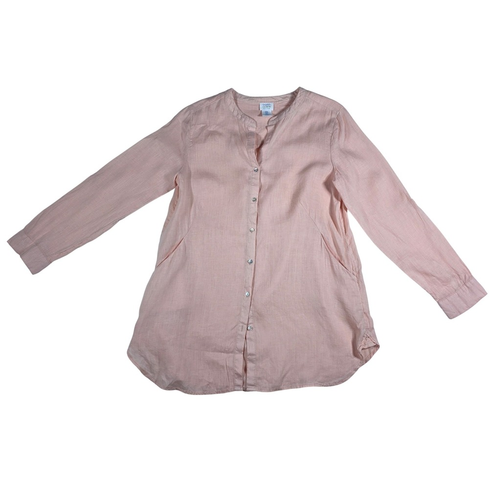 Sigrid Olsen Pink‎ 100% Linen Button Down Tunic Roll Tab Long Sleeve Top S